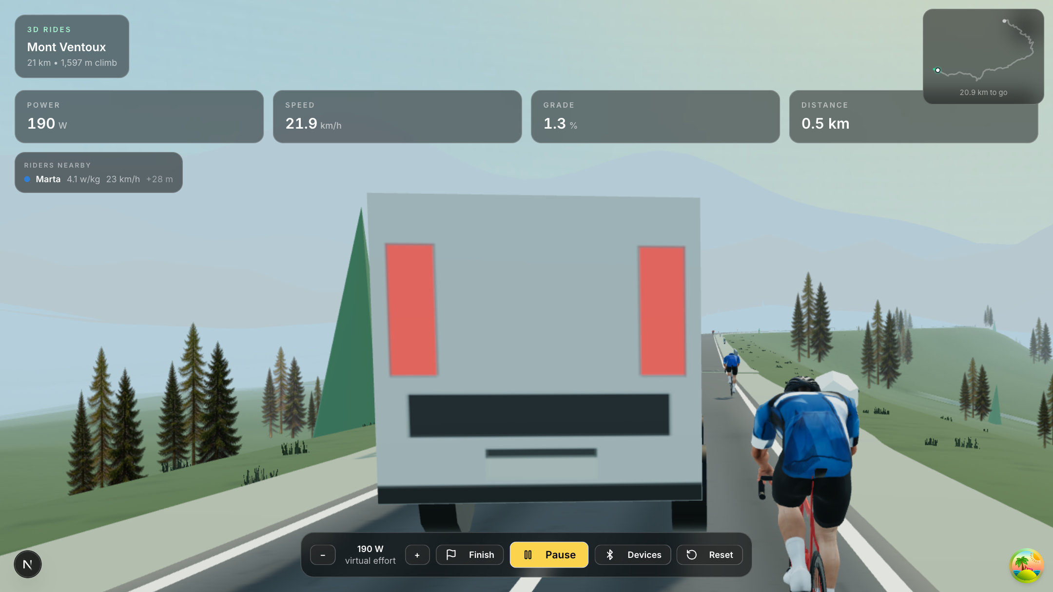A 3D cycling ride with pine trees, a guardrail and another rider up the road